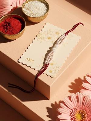 white pearls & red thread rakhi with roli chawal chandan mishri 2