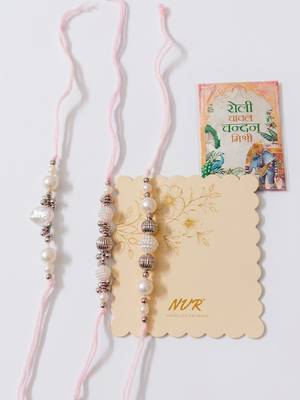set of 3 white pearls thread rakhi with roli chawal chandan mishri 4