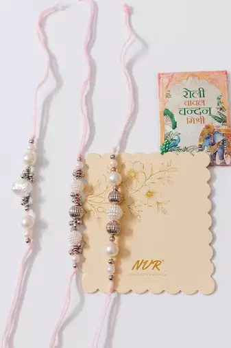 set of 3 white pearls thread rakhi with roli chawal chandan mishri