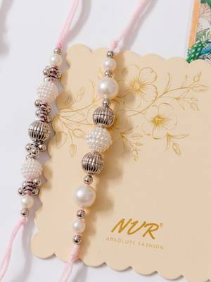 set of 3 white pearls thread rakhi with roli chawal chandan mishri 5