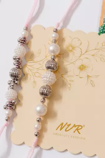 set of 3 white pearls thread rakhi with roli chawal chandan mishri