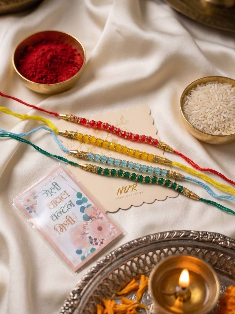set of 4 multicolor artificial beads thread rakhi with roli chawal chandan mishri