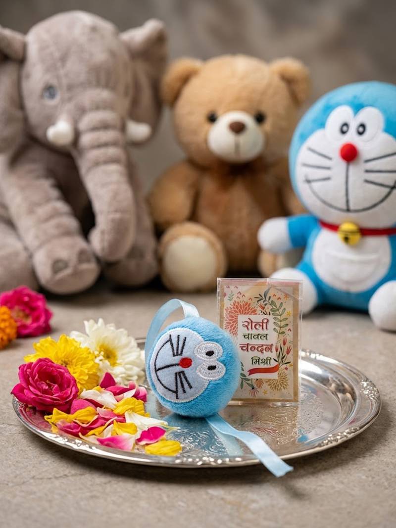 kids doremon design thread rakhi with roli chawal chandan mishri