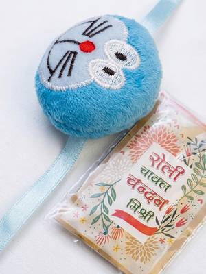kids doremon design thread rakhi with roli chawal chandan mishri 4