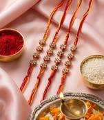 set of 4 artificial stones floral design thread rakhi with roli chawal chandan mishri