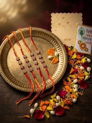 set of 4 artificial stones floral design thread rakhi with roli chawal chandan mishri 2