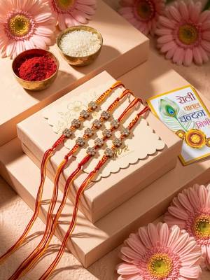 set of 4 artificial stones floral design thread rakhi with roli chawal chandan mishri 3