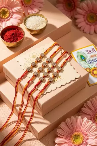 set of 4 artificial stones floral design thread rakhi with roli chawal chandan mishri