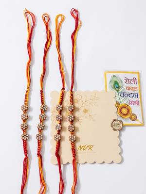 set of 4 artificial stones floral design thread rakhi with roli chawal chandan mishri 4