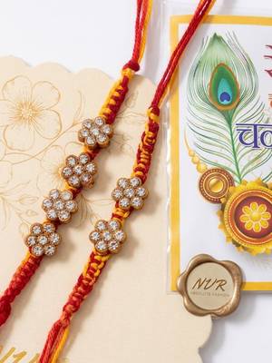 set of 4 artificial stones floral design thread rakhi with roli chawal chandan mishri 5