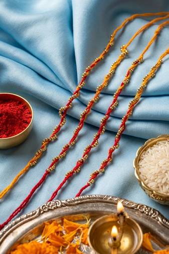 set of 4 red & yellow thread rakhi with roli chawal chandan mishri