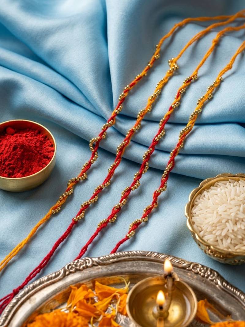 set of 4 red & yellow thread rakhi with roli chawal chandan mishri