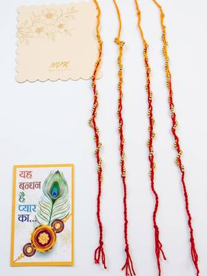 set of 4 red & yellow thread rakhi with roli chawal chandan mishri 2