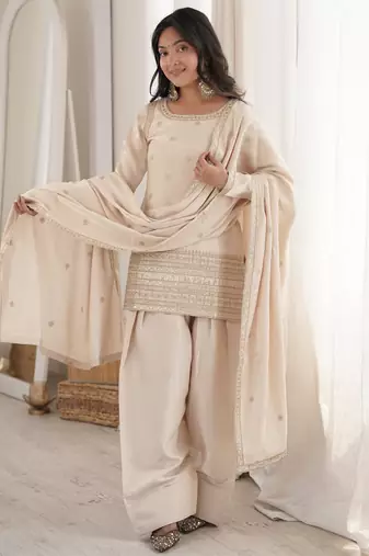 Women's Gorgeous Embroidery Roman Silk Fabric Straight Kurta Shalwar and Dupatta Set