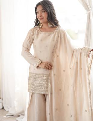 Women's Gorgeous Embroidery Roman Silk Fabric Straight Kurta Shalwar and Dupatta Set 2