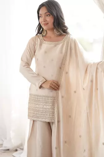 Women's Gorgeous Embroidery Roman Silk Fabric Straight Kurta Shalwar and Dupatta Set