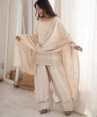 Women's Gorgeous Embroidery Roman Silk Fabric Straight Kurta Shalwar and Dupatta Set 3