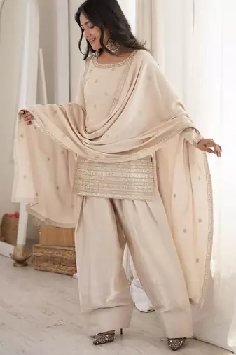 Women's Gorgeous Embroidery Roman Silk Fabric Straight Kurta Shalwar and Dupatta Set
