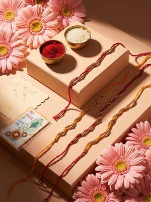 set of 4 red & yellow thread rakhi with roli chawal chandan mishri 3