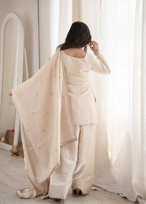 Women's Gorgeous Embroidery Roman Silk Fabric Straight Kurta Shalwar and Dupatta Set 4