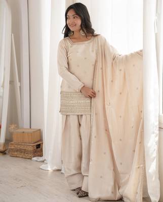 Women's Gorgeous Embroidery Roman Silk Fabric Straight Kurta Shalwar and Dupatta Set 6