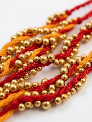 set of 4 red & yellow thread rakhi with roli chawal chandan mishri 5