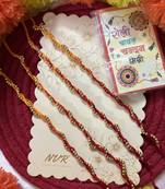 set of 4 yellow & red thread rakhi with roli chawal chandan mishri