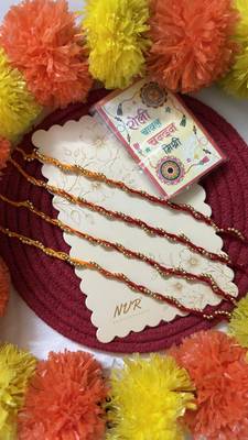 set of 4 yellow & red thread rakhi with roli chawal chandan mishri 2