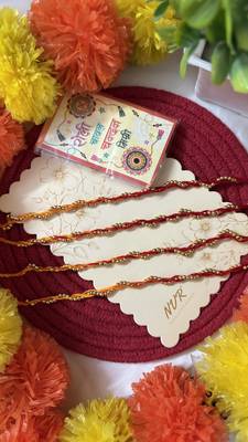 set of 4 yellow & red thread rakhi with roli chawal chandan mishri 3