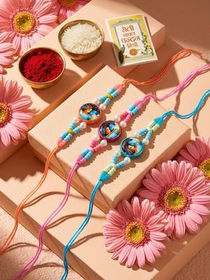 set of 3 radha krishna thread rakhi with roli chawal chandan mishri 1