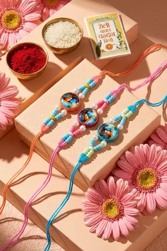 set of 3 radha krishna thread rakhi with roli chawal chandan mishri