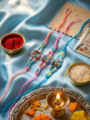 set of 3 radha krishna thread rakhi with roli chawal chandan mishri 2