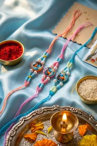 set of 3 radha krishna thread rakhi with roli chawal chandan mishri