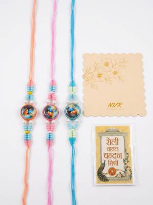 set of 3 radha krishna thread rakhi with roli chawal chandan mishri 3