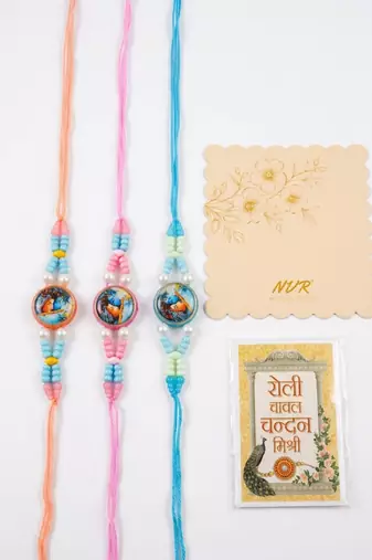 set of 3 radha krishna thread rakhi with roli chawal chandan mishri