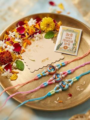 set of 3 radha krishna thread rakhi with roli chawal chandan mishri 4