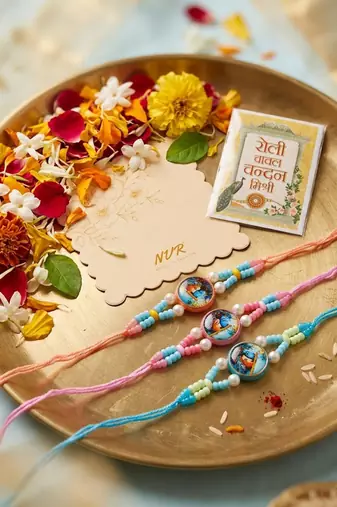 set of 3 radha krishna thread rakhi with roli chawal chandan mishri