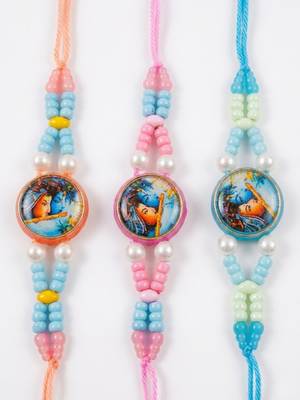 set of 3 radha krishna thread rakhi with roli chawal chandan mishri 5