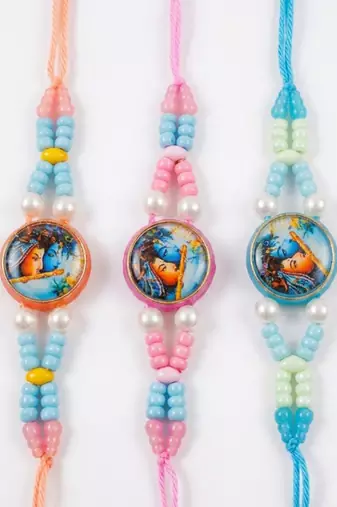 set of 3 radha krishna thread rakhi with roli chawal chandan mishri