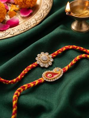 set of 2 gold & red thread & kundan rakhi with roli chawal chandan mishri 1