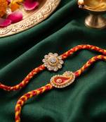 set of 2 gold & red thread & kundan rakhi with roli chawal chandan mishri