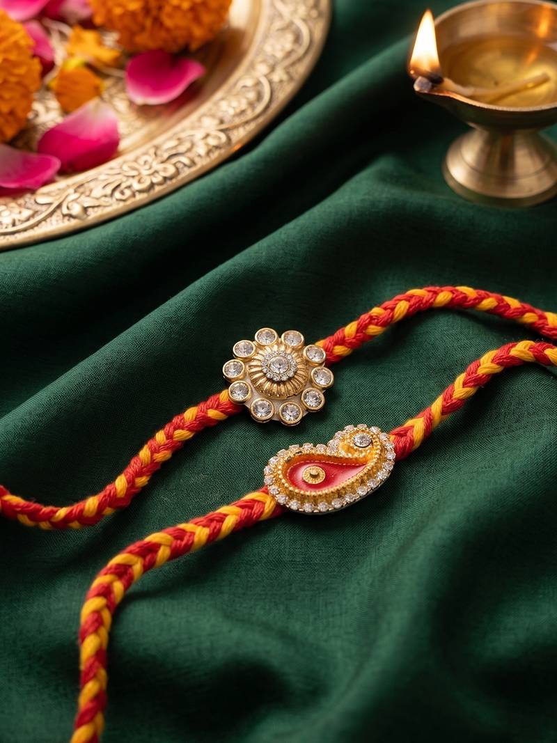 set of 2 gold & red thread & kundan rakhi with roli chawal chandan mishri
