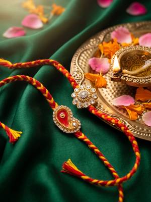 set of 2 gold & red thread & kundan rakhi with roli chawal chandan mishri 2