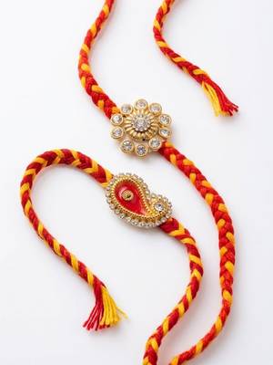 set of 2 gold & red thread & kundan rakhi with roli chawal chandan mishri 3