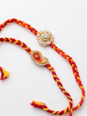set of 2 gold & red thread & kundan rakhi with roli chawal chandan mishri 4
