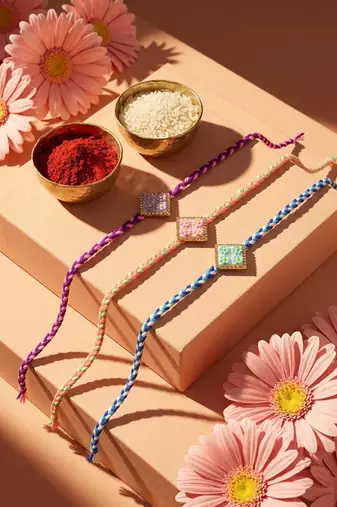 set of 3 multicolor ad thread rakhi with roli chawal chandan mishri
