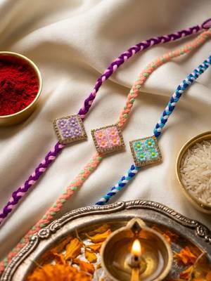set of 3 multicolor ad thread rakhi with roli chawal chandan mishri 4