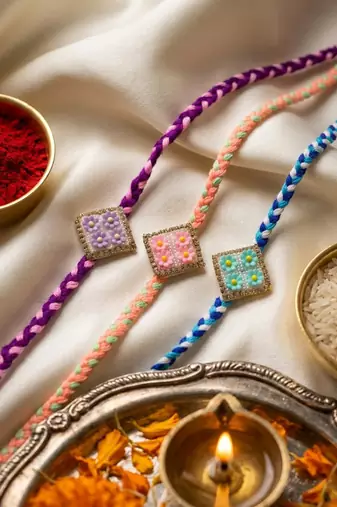 set of 3 multicolor ad thread rakhi with roli chawal chandan mishri