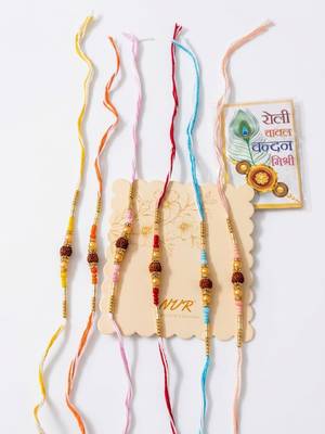 set of 6 rudraksh & artificial beads thread rakhi with roli chawal chandan mishri 1