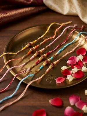 set of 6 rudraksh & artificial beads thread rakhi with roli chawal chandan mishri 2